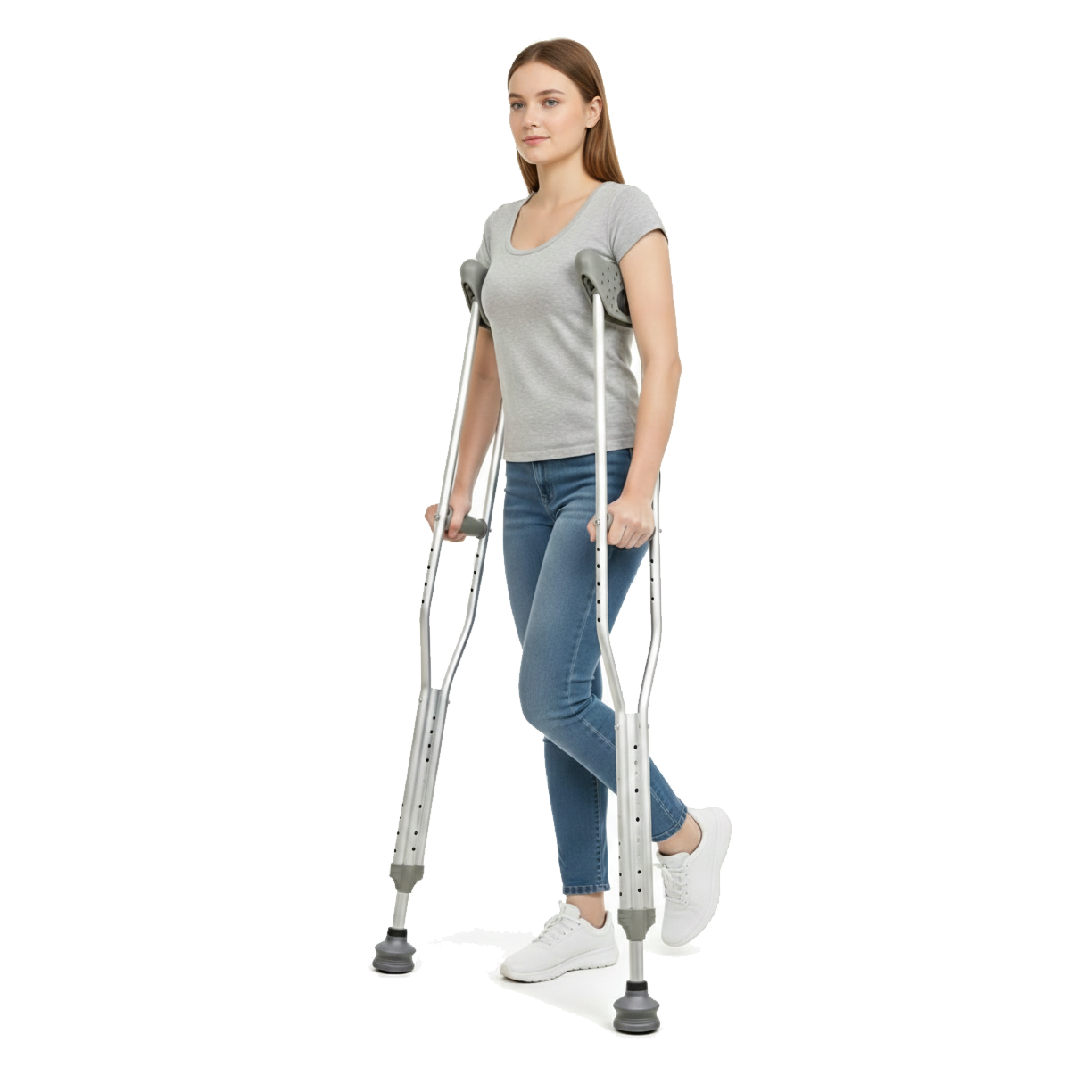 Woman walking comfortably with SoftCrutch armpit pads and cushion tips